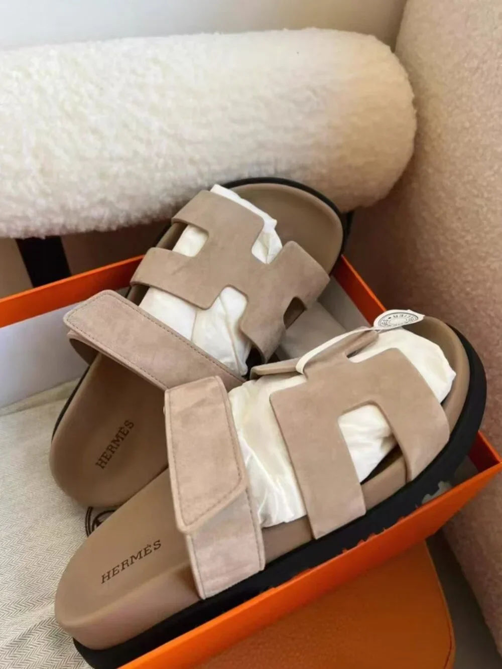 Hermès Chypre Suede Thick‑Cushion Velcro Slides